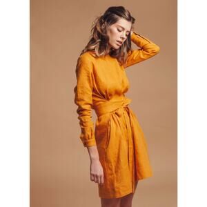 Nich Linen 100% Linen Mustard Yellow Tie Mini Dress Pocket Minimalist Spring LG